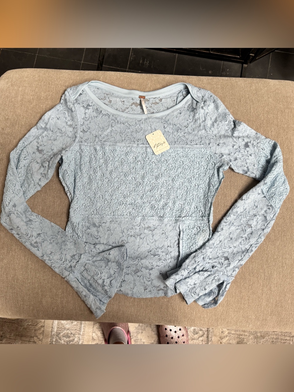 Free People Light Blue Lace Long-Sleeve Blouse